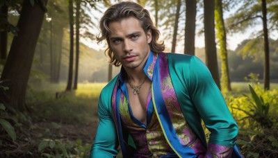 HQ,solo,looking at viewer,blue eyes,brown hair,shirt,long sleeves,1boy,jewelry,closed mouth,jacket,upper body,male focus,outdoors,open clothes,day,medium hair,necklace,blurry,vest,open jacket,tree,lips,open shirt,blurry background,facial hair,plant,nature,beard,forest,realistic,nose,blonde hair,scarf,formal