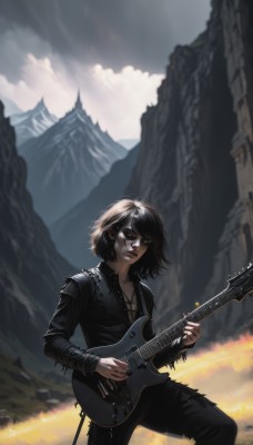 1girl,solo,breasts,looking at viewer,short hair,bangs,shirt,black hair,long sleeves,holding,cleavage,jewelry,jacket,earrings,outdoors,sky,day,pants,cloud,necklace,blurry,bracelet,lips,black jacket,makeup,blurry background,black pants,cloudy sky,instrument,black nails,spikes,mountain,realistic,nose,music,guitar,leather,playing instrument,holding instrument,electric guitar,torn pants,leather jacket,black lips,standing,torn clothes,denim,jeans,torn jeans,leather pants