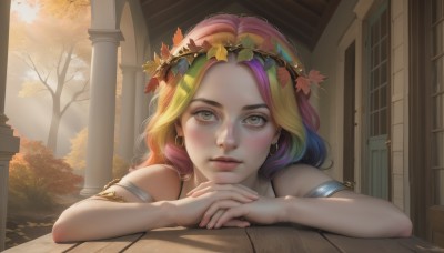 1girl,solo,long hair,looking at viewer,blush,blonde hair,hair ornament,bare shoulders,brown eyes,jewelry,closed mouth,yellow eyes,upper body,pink hair,purple hair,multicolored hair,earrings,outdoors,green hair,day,artist name,two-tone hair,tree,lips,fingernails,eyelashes,leaf,sunlight,own hands together,armlet,freckles,hoop earrings,realistic,nose,autumn leaves,head wreath,pillar,autumn,mascara,laurel crown,column,blue hair,greek clothes