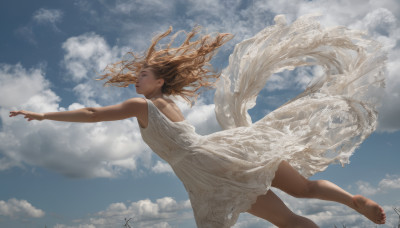 1girl, solo, long hair, open mouth, blonde hair, dress, outdoors, sky, barefoot, day, cloud, signature, white dress, soles, outstretched arms