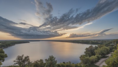 outdoors,sky,day,cloud,water,tree,blue sky,no humans,sunlight,cloudy sky,grass,nature,scenery,forest,smoke,reflection,sunset,mountain,horizon,river,landscape,lake,ocean,sun