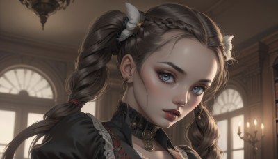 1girl,solo,long hair,looking at viewer,blue eyes,brown hair,hair ornament,twintails,jewelry,braid,earrings,parted lips,choker,indoors,necklace,blurry,twin braids,collar,lips,maid,eyelashes,window,makeup,blurry background,lipstick,portrait,forehead,red lips,candle,mascara,gothic,church,candlestand,chandelier,flower,puffy sleeves,hair flower,backlighting,realistic,nose,hair tie