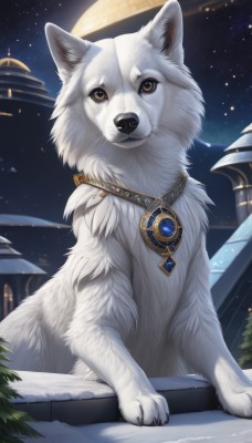 solo,brown eyes,jewelry,outdoors,sky,necklace,tree,no humans,night,animal,moon,building,gem,star (sky),night sky,snow,pendant,starry sky,dog,animal focus,white fur,wolf,looking at viewer,sitting,full moon,realistic