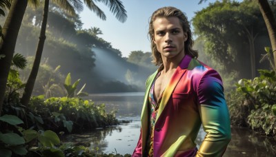 HQ,solo,looking at viewer,blonde hair,brown hair,1boy,brown eyes,jacket,upper body,male focus,outdoors,sky,day,water,tree,lips,leaf,sunlight,plant,nature,forest,realistic,hands in pockets,palm tree,lake,vest