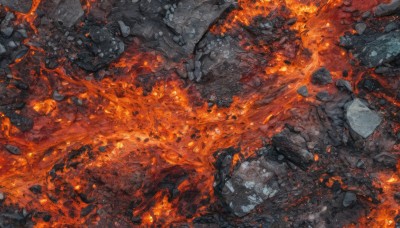 outdoors,no humans,from above,traditional media,fire,scenery,rock,debris,orange theme,burning,stone,destruction,rubble,molten rock,cracked floor