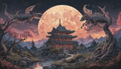 red eyes,outdoors,horns,sky,cloud,water,tree,no humans,night,moon,grass,building,star (sky),nature,night sky,scenery,full moon,forest,starry sky,reflection,rock,mountain,fantasy,dragon,architecture,east asian architecture,river,lake,pond,eastern dragon,pagoda,cherry blossoms,castle