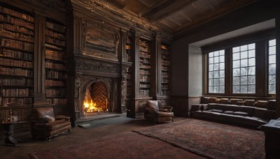 day,indoors,book,no humans,window,chair,table,sunlight,fire,curtains,scenery,couch,wooden floor,stairs,bookshelf,lamp,candle,architecture,book stack,carpet,candlestand,rug,cabinet,fireplace,tree,snow,desk,fantasy,winter,bare tree,armchair