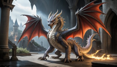 HQ,solo,open mouth,red eyes,tail,outdoors,wings,horns,sky,teeth,day,cloud,no humans,glowing,fangs,cloudy sky,fire,sharp teeth,building,glowing eyes,claws,monster,fantasy,dragon,dragon tail,scales,ruins,pillar,castle,dragon wings,arch,breathing fire,scenery,spikes,architecture