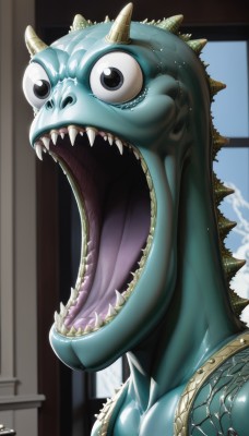 solo,open mouth,horns,sky,teeth,day,tongue,artist name,cloud,indoors,signature,black eyes,no humans,colored skin,fangs,sharp teeth,monster,blue skin,scales,alien,collarbone,shiny,shiny skin,pokemon (creature),meme,realistic,long neck