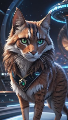 solo,looking at viewer,closed mouth,green eyes,blurry,no humans,night,depth of field,blurry background,animal,cat,slit pupils,gem,star (sky),animal focus,whiskers,jewelry,standing,sky,signature,heterochromia,realistic