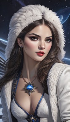 1girl,solo,long hair,breasts,looking at viewer,brown hair,dress,cleavage,brown eyes,jewelry,medium breasts,green eyes,collarbone,jacket,upper body,earrings,parted lips,open clothes,sky,hood,necklace,white dress,lips,coat,fur trim,eyelashes,makeup,lipstick,gem,star (sky),pendant,eyeshadow,starry sky,open coat,realistic,nose,white coat,red lips,eyeliner,space,planet,mascara,black hair,artist name,night,forehead,hood up,arrow (projectile),quiver