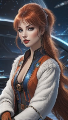 1girl,solo,long hair,breasts,looking at viewer,bangs,brown hair,gloves,long sleeves,cleavage,brown eyes,jewelry,medium breasts,very long hair,upper body,ponytail,weapon,earrings,parted lips,belt,signature,necklace,orange hair,vest,lips,coat,fur trim,makeup,lipstick,brown gloves,freckles,nose,red lips,leather gloves,red hair,artist name,realistic,space