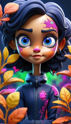 1girl,solo,looking at viewer,smile,short hair,open mouth,blue eyes,black hair,hair ornament,long sleeves,jewelry,jacket,upper body,earrings,parted lips,artist name,dark skin,medium hair,blurry,dark-skinned female,lips,eyelashes,makeup,leaf,thick eyebrows,own hands together,plant,child,zipper,freckles,curly hair,wide-eyed,female child,straight-on,closed mouth,blue hair,flower,multicolored hair,two-tone hair,black jacket,blurry background,zipper pull tab,facepaint