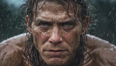 solo,long hair,looking at viewer,blue eyes,black hair,1boy,closed mouth,male focus,outdoors,parted lips,blurry,lips,wet,blurry background,facial hair,scar,messy hair,portrait,close-up,rain,realistic,wet hair,green eyes,nude,beard,stubble,manly