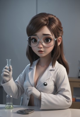 1girl,solo,long hair,breasts,looking at viewer,brown hair,gloves,long sleeves,holding,cleavage,brown eyes,medium breasts,upper body,parted lips,glasses,teeth,artist name,indoors,white gloves,blurry,lips,blurry background,half updo,pocket,realistic,round eyewear,labcoat,breast pocket,rimless eyewear,test tube,flask,bangs,nose