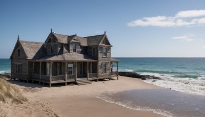 outdoors,sky,day,cloud,water,blue sky,no humans,window,shadow,ocean,chair,beach,building,scenery,sand,door,horizon,house,waves,shore