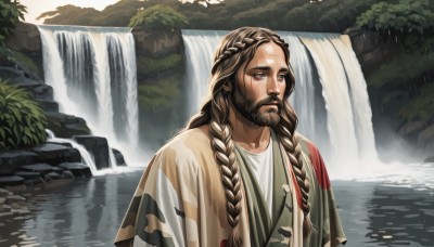 solo,long hair,brown hair,shirt,1boy,brown eyes,closed mouth,white shirt,upper body,braid,male focus,outdoors,water,twin braids,facial hair,hair over shoulder,beard,robe,mustache,waterfall,multiple braids,blonde hair