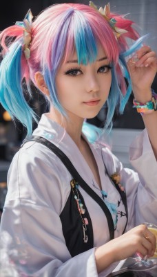 1girl,solo,looking at viewer,bangs,shirt,hair ornament,long sleeves,holding,twintails,jewelry,closed mouth,blue hair,white shirt,upper body,pink hair,multicolored hair,artist name,indoors,hand up,medium hair,nail polish,blurry,black eyes,bracelet,two-tone hair,lips,fingernails,grey eyes,eyelashes,aqua hair,makeup,blurry background,short twintails,realistic,nose,short hair,blue eyes,jacket,ring,white jacket,watch,wristwatch