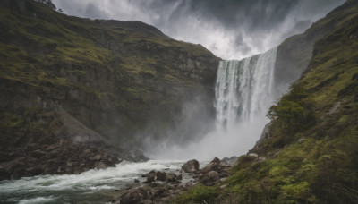 outdoors, sky, cloud, water, tree, no humans, cloudy sky, nature, scenery, forest, rock, mountain, river, waterfall, landscape, cliff