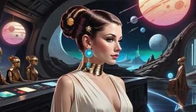 1girl,breasts,brown hair,hair ornament,dress,cleavage,brown eyes,jewelry,upper body,earrings,small breasts,multiple boys,solo focus,hair bun,star (symbol),white dress,lips,makeup,single hair bun,robot,star (sky),science fiction,star hair ornament,realistic,nose,space,planet,alien,earth (planet),spacecraft,shooting star,hologram,solo,short hair,medium breasts,sky,choker,artist name,signature,eyelashes