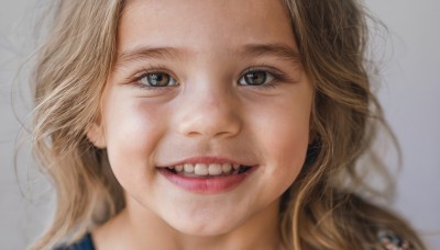 1girl,solo,long hair,looking at viewer,smile,open mouth,blonde hair,simple background,brown hair,brown eyes,teeth,grey background,blurry,lips,depth of field,portrait,realistic,nose,blue eyes,grin,eyelashes,parody,close-up