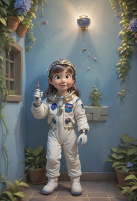 1girl,solo,long hair,looking at viewer,blush,smile,brown hair,gloves,holding,brown eyes,standing,full body,flower,white gloves,black eyes,leaf,white footwear,bug,plant,goggles,child,goggles on head,holding flower,female child,potted plant,spacesuit,open mouth,teeth,helmet,realistic,light bulb,astronaut