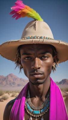 solo,looking at viewer,smile,short hair,black hair,1boy,hat,brown eyes,jewelry,closed mouth,upper body,male focus,earrings,outdoors,sky,day,dark skin,necklace,blurry,blue sky,lips,blurry background,facial hair,piercing,dark-skinned male,feathers,portrait,beard,mountain,realistic,mustache,brown headwear,straw hat,hat feather,very dark skin,desert,dreadlocks,brown hair