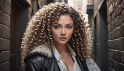 1girl,solo,long hair,looking at viewer,blonde hair,brown hair,shirt,brown eyes,jacket,white shirt,upper body,open clothes,collared shirt,dark skin,blurry,dark-skinned female,lips,black jacket,fur trim,eyelashes,blurry background,wavy hair,messy hair,curly hair,realistic,nose,leather,big hair,brick wall,leather jacket,breasts,cleavage,medium breasts,outdoors,day,portrait