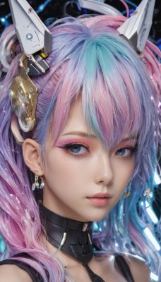 1girl,solo,long hair,looking at viewer,bangs,blue eyes,hair ornament,bare shoulders,jewelry,closed mouth,blue hair,pink hair,multicolored hair,earrings,mole,two-tone hair,lips,eyelashes,makeup,headgear,portrait,eyeshadow,science fiction,realistic,hair between eyes,collarbone,purple hair,artist name,gradient hair,expressionless,lipstick,close-up,nose,eyeliner,mascara