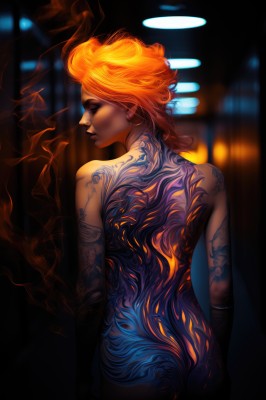 1girl,solo,short hair,ass,nude,looking back,from behind,orange hair,blurry,lips,tattoo,profile,makeup,blurry background,back,eyeshadow,smoke,realistic,nose,arm tattoo,back tattoo,full-body tattoo,jewelry,completely nude,glowing,fire,fiery hair,glowing hair,orange skin