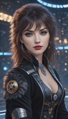 1girl,solo,long hair,breasts,looking at viewer,brown hair,black hair,cleavage,brown eyes,jewelry,medium breasts,jacket,upper body,earrings,open clothes,necklace,blurry,lips,black jacket,grey eyes,fur trim,eyelashes,makeup,depth of field,blurry background,lipstick,freckles,realistic,nose,red lips,bangs,parted lips,artist name,gem,pendant,badge