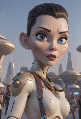 1girl,breasts,looking at viewer,short hair,blue eyes,multiple girls,brown hair,black hair,medium breasts,upper body,small breasts,outdoors,parted lips,multiple boys,sky,teeth,solo focus,day,armor,blurry,lips,eyelashes,bodysuit,makeup,blurry background,forehead,freckles,science fiction,nose,white bodysuit,cyborg,harness,people,smile,pointy ears,artist name,dark skin,uniform,depth of field,red lips,very short hair,crowd