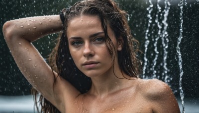 1girl,solo,long hair,looking at viewer,brown hair,black hair,brown eyes,closed mouth,collarbone,upper body,nude,armpits,water,arm up,lips,wet,messy hair,freckles,rain,hand in own hair,realistic,nose,wet hair,showering,mole,blurry,blurry background,portrait,forehead