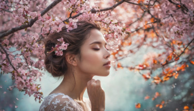 1girl, solo, brown hair, closed eyes, upper body, flower, day, blurry, from side, tree, lips, petals, profile, depth of field, blurry background, sunlight, cherry blossoms, realistic, nose, branch