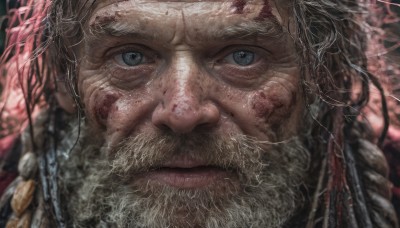 solo,looking at viewer,blue eyes,1boy,closed mouth,white hair,male focus,blurry,grey eyes,blood,blurry background,facial hair,portrait,beard,close-up,realistic,mustache,old,old man,wrinkled skin,braid,lips,nose