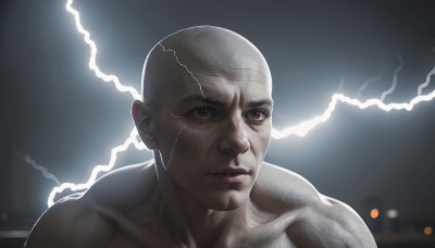 solo,looking at viewer,1boy,brown eyes,closed mouth,collarbone,upper body,male focus,blurry,lips,muscular,portrait,realistic,bald,lightning,short hair,grey hair,parted lips,teeth,grey eyes,facial hair,electricity,light,very short hair