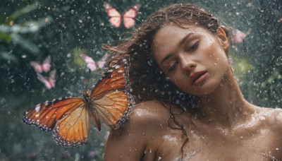 1girl, solo, long hair, looking at viewer, brown hair, collarbone, upper body, nude, parted lips, blurry, lips, wet, head tilt, bug, butterfly, rain, water drop, realistic