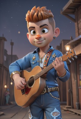 solo,looking at viewer,blush,smile,short hair,brown hair,shirt,1boy,holding,brown eyes,jewelry,jacket,male focus,multicolored hair,earrings,outdoors,sky,solo focus,belt,pants,necklace,bracelet,torn clothes,night,blurry background,piercing,denim,building,instrument,ear piercing,child,star (sky),night sky,starry sky,freckles,jeans,city,music,guitar,male child,leather,playing instrument,holding instrument,lamppost,torn pants,mohawk,torn jeans,star (symbol),ring,thick eyebrows,badge,denim jacket,acoustic guitar