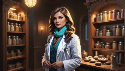 1girl,solo,long hair,breasts,looking at viewer,blue eyes,brown hair,long sleeves,jewelry,medium breasts,green eyes,upper body,food,indoors,scarf,lips,coat,window,makeup,wavy hair,bottle,realistic,nose,labcoat,cookie,blue scarf,shelf,jar,stethoscope,blush,shirt,brown eyes,closed mouth,open clothes,shiny,watermark,own hands together,blue shirt,curly hair,green shirt,lamp,aqua shirt