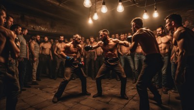 short hair,brown hair,black hair,gloves,male focus,multiple boys,belt,pants,indoors,muscular,facial hair,abs,bottle,pectorals,denim,muscular male,beard,6+boys,topless male,jeans,realistic,mustache,bald,very short hair,manly,boxing gloves,ceiling light,hat,dark skin,tank top,light,old,chest hair,old man,mohawk,light bulb