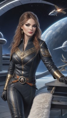 1girl,solo,long hair,breasts,looking at viewer,smile,brown hair,gloves,brown eyes,jewelry,medium breasts,earrings,sky,black gloves,belt,lips,fur trim,bodysuit,makeup,moon,lipstick,star (sky),skin tight,starry sky,science fiction,realistic,aircraft,nose,black bodysuit,red lips,space,bracer,leather,planet,earth (planet),spacecraft,standing