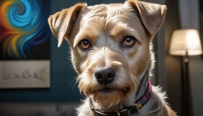 HQ,solo,brown eyes,indoors,blurry,collar,no humans,blurry background,animal,portrait,close-up,dog,realistic,door,lamp,animal focus,animal collar,painting (object),looking at viewer,shiba inu