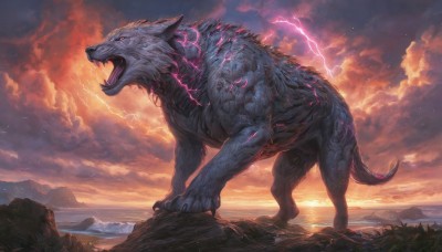 solo,open mouth,tail,yellow eyes,outdoors,sky,teeth,cloud,water,no humans,glowing,bird,ocean,fangs,cloudy sky,sharp teeth,scenery,glowing eyes,claws,sunset,monster,mountain,electricity,lightning,kaijuu,rock,fantasy