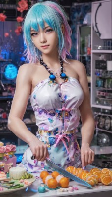 1girl,solo,breasts,looking at viewer,smile,short hair,bangs,blue eyes,dress,holding,bare shoulders,jewelry,medium breasts,closed mouth,blue hair,pink hair,flower,multicolored hair,food,sleeveless,indoors,medium hair,necklace,nail polish,white dress,blurry,two-tone hair,lips,strapless,fruit,depth of field,blurry background,knife,plate,realistic,holding knife,orange (fruit),kitchen,kitchen knife,cutting board,purple eyes,apron,streaked hair,bare arms,sleeveless dress,halterneck,watermark,cake,shelf,halter dress,shop,orange slice,onion