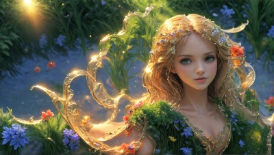 HQ,1girl,solo,long hair,breasts,looking at viewer,smile,blue eyes,blonde hair,hair ornament,dress,cleavage,medium breasts,green eyes,collarbone,upper body,flower,outdoors,parted lips,hair flower,blurry,lips,eyelashes,leaf,sunlight,plant,nature,blue flower,green dress,realistic,nose,fantasy,vines,sky,sun