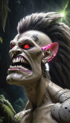 solo,open mouth,black hair,red eyes,1boy,jewelry,male focus,earrings,teeth,no humans,glowing,fangs,sharp teeth,glowing eyes,science fiction,veins,cyborg,mohawk,cyberpunk,long hair,upper body,white hair,tongue,artist name,tongue out,colored skin,portrait,topless male,realistic,horror (theme)