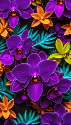 flower,no humans,glowing,leaf,plant,yellow flower,purple flower,orange flower,still life,black background,scenery,dark