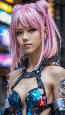 1girl,solo,breasts,looking at viewer,blue eyes,cleavage,bare shoulders,twintails,jewelry,medium breasts,upper body,pink hair,earrings,small breasts,hair bun,blurry,lips,double bun,blurry background,piercing,ear piercing,realistic,short hair,bangs,swimsuit,bikini,detached sleeves,bikini top only,science fiction