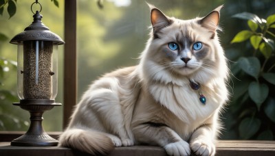 HQ,looking at viewer,blue eyes,jewelry,sitting,indoors,necklace,blurry,no humans,window,depth of field,blurry background,animal,leaf,cat,plant,brooch,gem,pendant,lantern,realistic,animal focus,blue gemstone,solo,closed mouth,outdoors,signature,white fur,whiskers,foliage