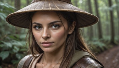 1girl,solo,long hair,looking at viewer,smile,brown hair,hat,brown eyes,closed mouth,collarbone,outdoors,day,armor,blurry,lips,depth of field,blurry background,portrait,nature,forest,freckles,realistic,nose,straw hat,jewelry,necklace,eyelashes,close-up